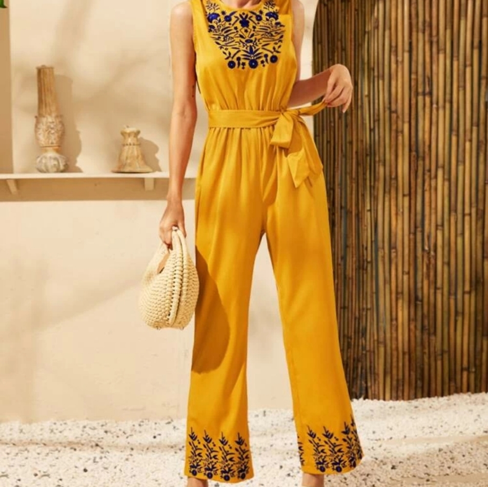 Shein Yellow Floral Embroidered Belted Jumpsuit S